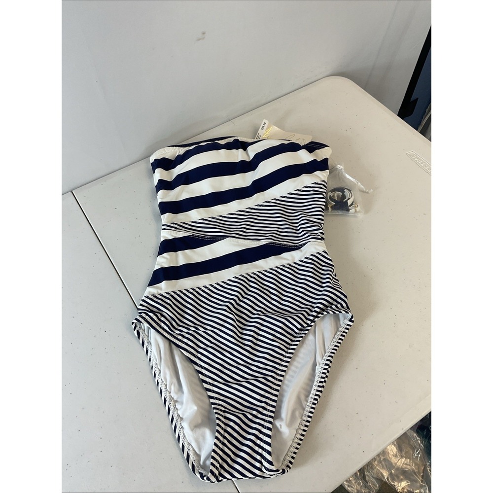 New Anne Cole Signature Size 6 Navy Striped 1 Piece Bathing Suit Beach cruise